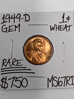 1949-D MS67RD GEM WHEAT COPPER PENNY