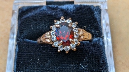 Gold Red Garnet Halo Ring, Sz 8