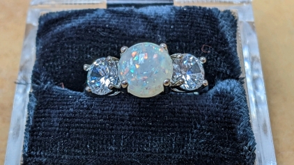 .925 Silver Ring w/White Fire Opal & .5ct White Sapphires, Sz 6