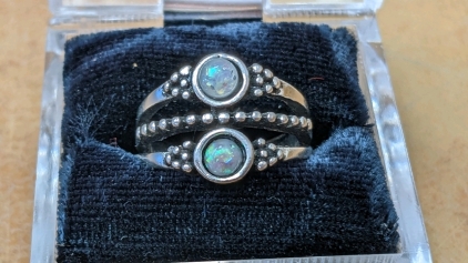 Silver Tone Ring w/White Fire Opals, Sz 5