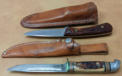 Western Antler-Overlaid Hunting Knife & Wood-Overlaid Hunting Knife w/Leather Sheaths