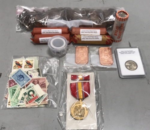 (1) National Defense Service Medal, (1) 2022 D US Washington Wilma ManKiller Quarter Dollar, (2) 1 Oz. .999 Fine Copper Bars Saint Gaudens, (Roll Of 100) US Forever Stamps, (100) Unused U.S. Postage Stamps Original Gum, (Roll Of 40) 2022 P Mint State Un-c