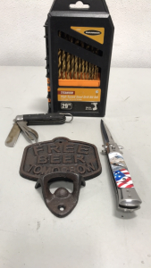 (1) 29 pc. Warrior Titanium High Speed Drill Set, Patriotic (1) Switchblade Knife, (1) WWII Royal Italian Military Utility Knife, (1) Free Beer Tommorrow Cast Iron Sign.