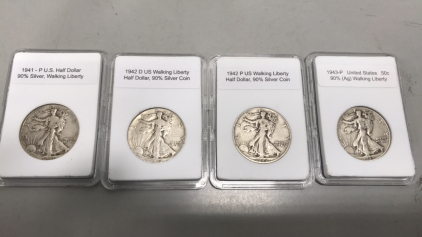 (1) 1941 -P U.S. Half Dollar Walking Liberty 90% Silver (1) 1942 P US Walking Liberty Half Dollar 90% Silver (1) 1942 D US Walking Liberty Half Dollar 90% Silver (1) 1943 P US Walking Liberty Half Dollar 90% silver