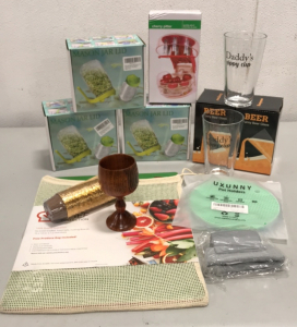 (1) 6 pit cherry pitter, (3) Mason Jar Lids for sprouting seeds, (4) Funny Beer Glasses, (1 pack of six) Yes Chef plastic cutting boards, (1 pack of 2) Silicone pot holders, (1) Horizontal Blind Cleaner, (1 pack of 50 Aluminum Foil paper Mini Cake Baking