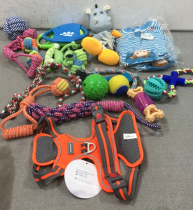 Variety of Dog Rope and Ball Toys, (2) XL Dog Clothes, Lg Harness