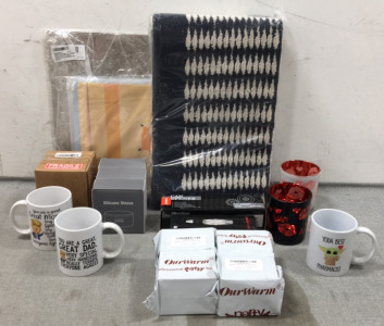 Kitchen Mats, Picnic Table Cover, (4) Coffee Mugs, Can Opener, Wine Aerator, Candle Holders, Canning Jar Seals, (3) Silicone Bottle Sleeves