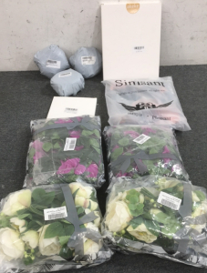(4) Artificial Flowers, (3) Coasters, Couples Tapestry. Please Inspect