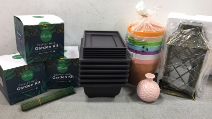 (3) Herb Garden Kits, Bonsai Trays, Flower Pots, Small Vase, Solar Lantern