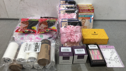 (5) Pink Hair Accessories, Gel Manicure Set, (2) Massage Rollers, (2) Pack of Compressed Towels and more