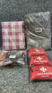 (3) First Aid Kits-Decorations-Slip Bath Mat-Tablecloth