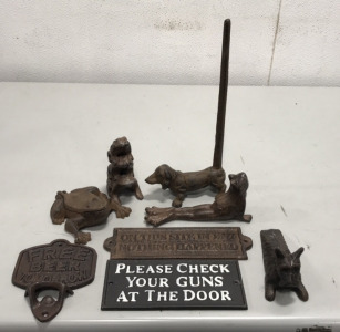 Cast Iron Items&hellip; 3 frog paper weight, Lidded frog dish, Dog door stop, Frog door stop, Dog toilet paper holder, Cast iron signs&hellip; Free Beer tomorrow bottle opener, On this site in 1897 nothing happened, Please check your guns at the door.