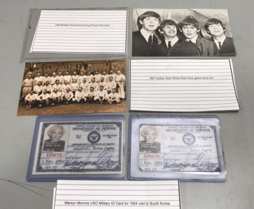 (1) Beatles Promotional Group Photo Post Card, (1) 1927 Yankees team photo post card, (2) Marilyn Monroe USO Military Card for 1954 South Korea Visit