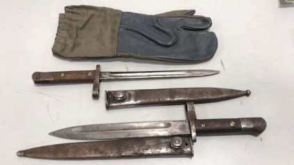 (2) WWII M38 Mauser Bayonet w/ Scabbards, (1 pair) German Shooters Mittens
