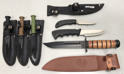 USMC Knife w/ sheath, (2) Hunting Club Knives w/ sheath, (3) knives w/ sheaths