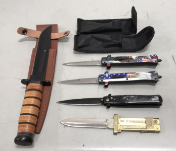 (1) USMC Knife w/ leather sheath, (2) Eagle Design Out The Front Automatic Knifes w/ sheaths, (1) Switchbade Knife, (1) German Marked Scissor Action Paratroopers Knife