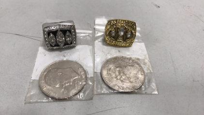 Championship Rings… San Francisco 49rs 1988 Jerry Rice, Los Angeles Raiders XVIII Marcus Allen + (2) One Dollar pieces