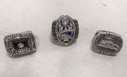 Collectible Rings… (1) Seattle Seahawks NFC Championship Ring Richard Sherman, (1) New England Patriots Championship Ring Tom Brady, Pittsburg Steelers Championship Ring Super Bowl IX