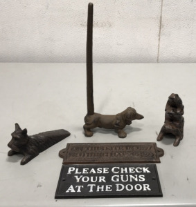 Cast Iron Dog Toilet Paper holder, Dog Door Stop, 3 Frog Paper Weight, On This Site In 1897 Nothing Happened Sign, Please Check Your Guns At The Door Sign