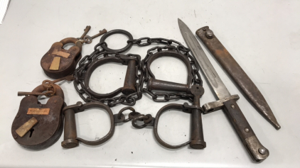 WWII M38 Mauser Bayonet w/ Scabbard, Leg Irons, Hand Shackles, Pony Express Lock w/ keys, Leavenworth Prison Lock w/ keys