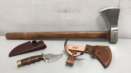 (1) Marbles Rifleman’s Ax w, Leather Belt Scabbard, (1) Marbles Stacked Leather Handle Skinning Knife w/ Leather Sheath