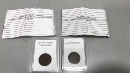 (2) Great Britain 1775 Early American Colonial Copper 1/2 Pennies. One w/ Queen Victoria and Lady Britannia and One w/ King George III and Lady Britannia