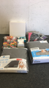 (2) Critterbox Washable Cage Liners (1) Gomyhorn Ninja Tumbler Electric Cat Toy (1) Bag Of Lots Of Pet Toys (1) Dog Life Jacket Size Small (1) Cat Door Attachment