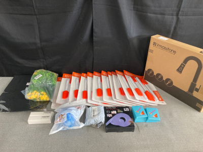 Box of Amazon Consumer Goods: Vmasstone Faucet, Silicone Spatulas, Faux Flowers, Glass Tube Adapters, Coaster Set, Ivy Grip Tape, Acrylic Nails, Seat Pad, plus more