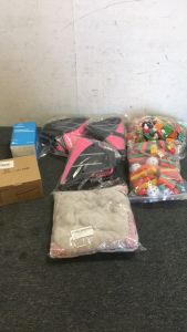 (2) Large Bags Of Assorted Pet Toys (3) Pink Pet Life Jackets Size Small (1) Vannon Portable Pet Water Dispenser (1) Herfuerry Pet Bowl (1) 10-Pack Of Kitten Blankets