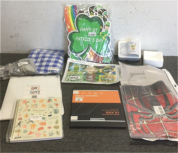 (1) Yoda Coffee Mug (2) PlayStation 5 Sticker Skins (1) Glass Tablet Screen Protector (1) Set Of Graduation Decorations (1) Checkered Fitted Table Cloth (1) Pack Of St. Patrick’s Day Decorations