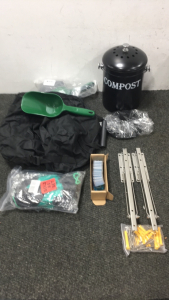 Umbrella sand bag, garden gloves, compost bucket and cap with filter and various Amazon returns