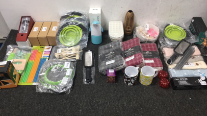 Various Kitchen Items, Strainers, Coffee Mugs, Beer Mugs, Towels Can Opener, Soap Dispenser