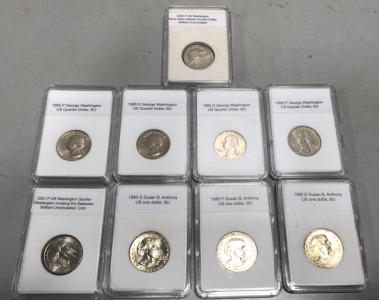 Collectible Coins. (3) 1980 Susan B Anthony US One Dollar coins, (2) 1985 P George Washington US Quarter Dollar BU, (2) 1993 D George Washington US Quarter Dollar BU, (1) 2021 P US Washington Quarter of Washington crossing the Delaware, (1) 2022 P US Wash
