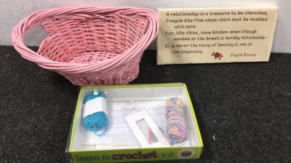 Crochet Kit, Sign, Pink Woven Basket