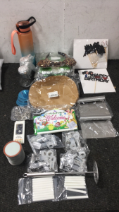 Variety Of Items For The Kitchen, Water Bottle, Happy Birthday Signs And Poster