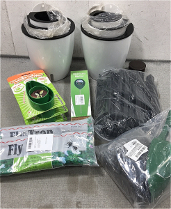 (2) Set of 3 Plastic Pots, Garsen Stakes, (3) Avocado Tree Starters, Fly Traps, Moisture Meter, Umbrella Base