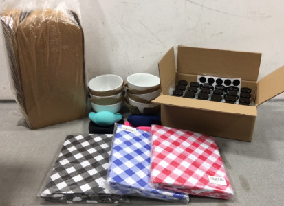 White Bowl Set of 6, Set of 24 Spice Jars, Set of 50 To Go Containers, Bottle Coozies, (3) Tablecloths, (5) &ldquo;It&rsquo;s a Boy&rdquo; Bottle Openers
