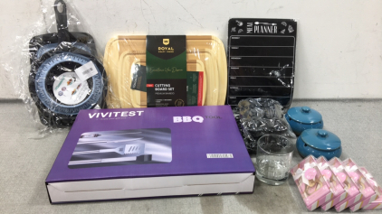 BBQ Tool Set, 3pc Cutting Board Set, Magnetic Meal Planner, Round Ice Trays, Dad Whisky Glass, (2) Ceramic Ashtrays, Strainer Set, (5) &ldquo;It&rsquo;s a Boy&rdquo; Bottle Openers