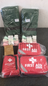 (3) First aid kits, (2) tree bags, (2) plant watering spikes and more