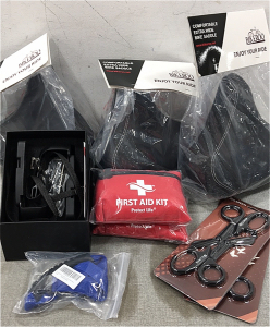 (3) Extra Wide Bicycle Seats, Peloton Toe Cage, (2) First Aid Kits, (2) Pair of Trauma Shears
