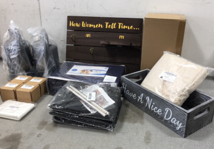 King Bamboo Sheet Set, Wood Coffee and Wine Glass Sign, (2) Watering Cans, (3) Mesh Gates and more