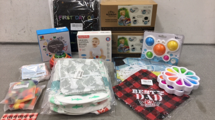 (2) Travel Toddler Potty, (5) First/Last Day of School Sign, Baby Fidget Poppers, Baby Puzzles, Training Toothbrushes, Bibs and more