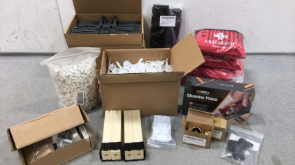 (4) Adjusters, (3) First Aid Kits, Chamfer Plane, Box of Holiday Lights Clips, Brass Caps, Rock Tumbler Stones and more