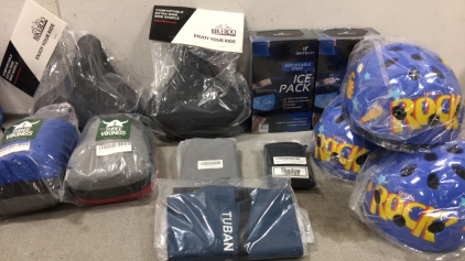 (2) Extra Wide Bicycle Seats, (2) 2-pack Knee Ice Packs, (3) Child Helmets, (2) Camping Hammocks, Exercize Band, Jump Rope, Waterproof Pantlegs