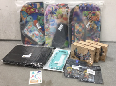(3) Pokémon Backpacks, (3) Wood Puzzles, Anime Stickers, (2) 13” Laptop Soft Cases, Gaming Case, Temp. Tattoos