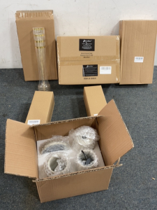 (2) Boxes of Plastic Champagne Glasses, Soap Dispenser, Bathroom Accessories and More