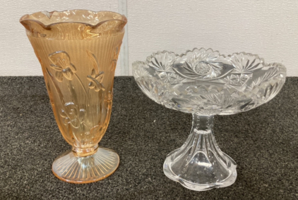 Iris Herringbone Marigold Carnival Glass Jeanette 9” Vase And Antique Compote Pedestal Bowl