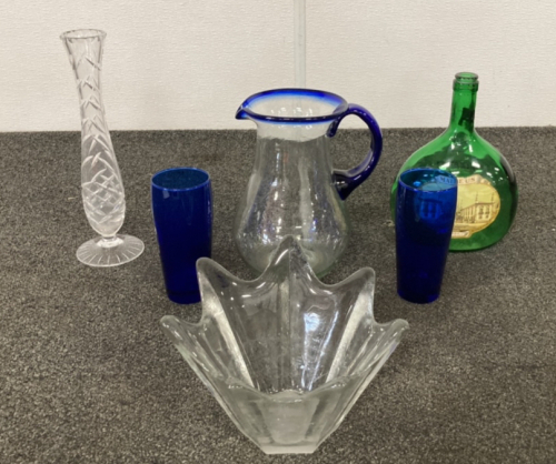 Hand Blown Glass Pitcher, Glasses, Vase, Bowl And Wine Bottle