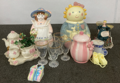 Vintage Cookie Jars, Glass Tea Set, Cups, And More