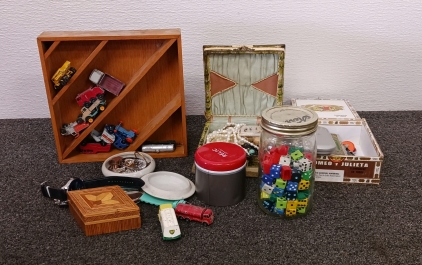 4 Jewerly Box’s With 1960s Matchbox cars And Jar Of Dices